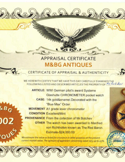 Appraisal Certificate: Manfred Von Richthofen Watch
