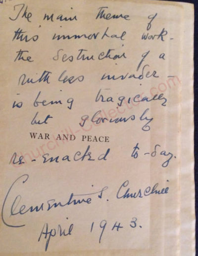 Clementine Churchill’s inscription in Tolstoy’s War and Peace