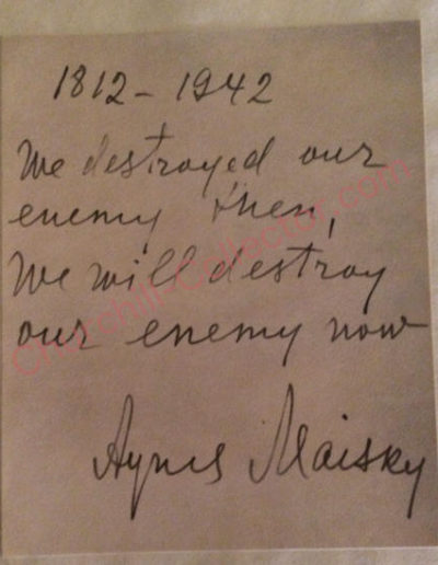 Facsimile Card verso of the ffep: a replication of Agnes Maisky’s inscription in the book War and Peace which she sent to Clementine Churchill in 1942.