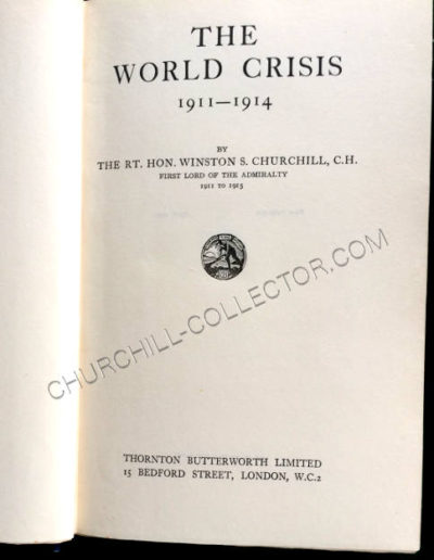 Title page of vol 1: World Crisis by Winston Churchill, published by Thornton Butterworth Limited