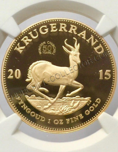 Gold Krugerrand features the mint mark ‘Winston Churchill, 50 Years’ on its reverse
