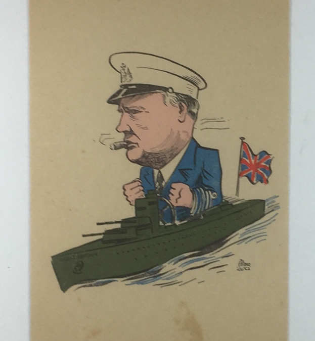 Wartime Caricature Postcard: Churchill at the Helm of a Warship