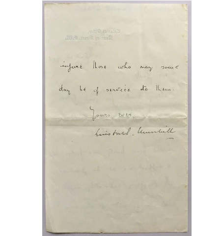 Churchill Letter: Handwritten Signature, 1908