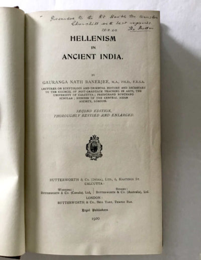 Hellenism In India - Title Page with Inscription To Winston Churchill by the Author, 1920