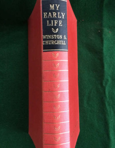 The leather spine label of the book by Winston Churchill: My Early Life