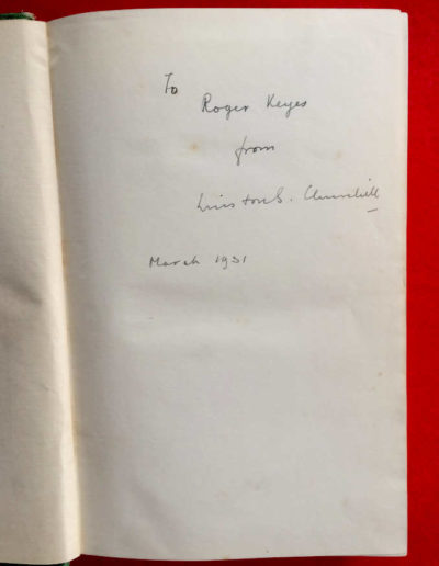 Churchill’s inscription to Keyes on the blank leaf to Roger Keyes before the half title page