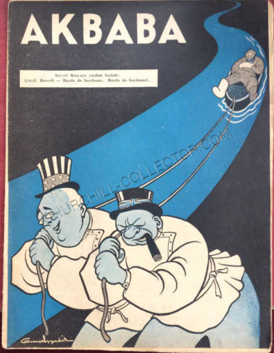 Front page of the Turkish Periodical Akbaba featuring caricatures of Winston Churchill & President Roosevelt working together