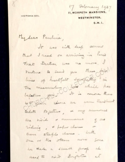 Fine autograph letter signed “Winston S. Churchill”, London. Feb. 17, 1937. Sending condolences to Pauline Spender-Clay (Astor) p1