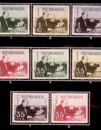 C585 / 35c / WW2 - A set of 4-color trial proofs hinge mounted (numbered 5 - 8) on a board with 4 - 1C stamps (numbered 1 - 4)