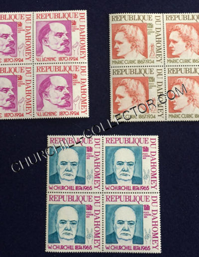 3 perf blocks of 4 République Du Dahomey Stamps featuring Lenin in claret, Madame Curie in orange & Winston Churchill in blue/green