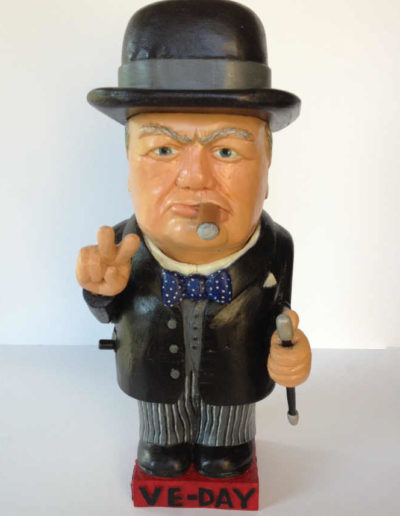 CARVED MECHANICAL WOOD FIGURE: WINSTON CHURCHILL CELEBRATING VE DAY