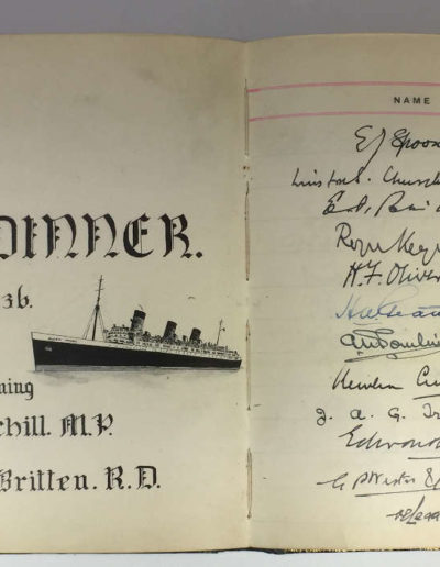 Churchill's Signature: 1936 Page from Navigating Officer's Dinner