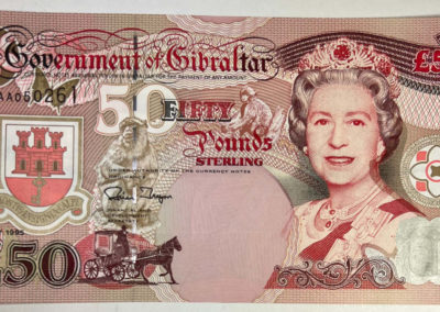 Gibraltar 50 Pounds Note: featuring Queen Elizabeth II