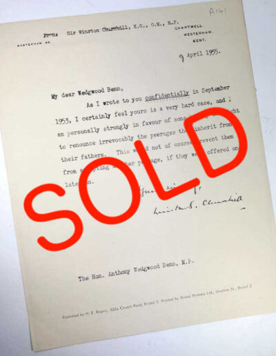 Churchill's Letter to Anthony Wedgwood Benn now SOLD