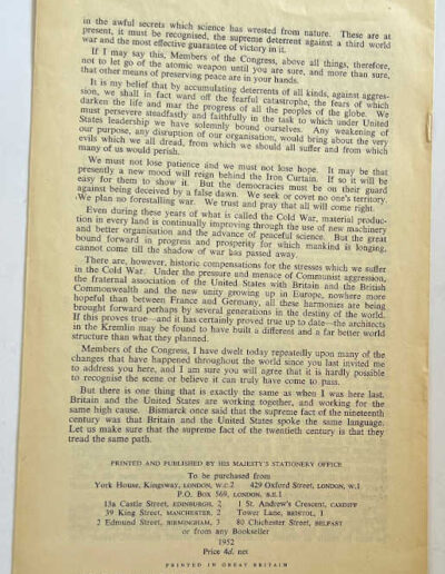 Churchill's 3rd Speech to US Congress: Jan 17, 1952. Back Cover