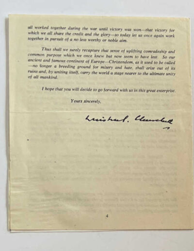 United Europe 1946 Newsletter (Back Page) with Churchill's Facsimile Signature