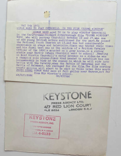 Press Photograph (back): Simon Ward as Winston Churchill in Young Winston Movie